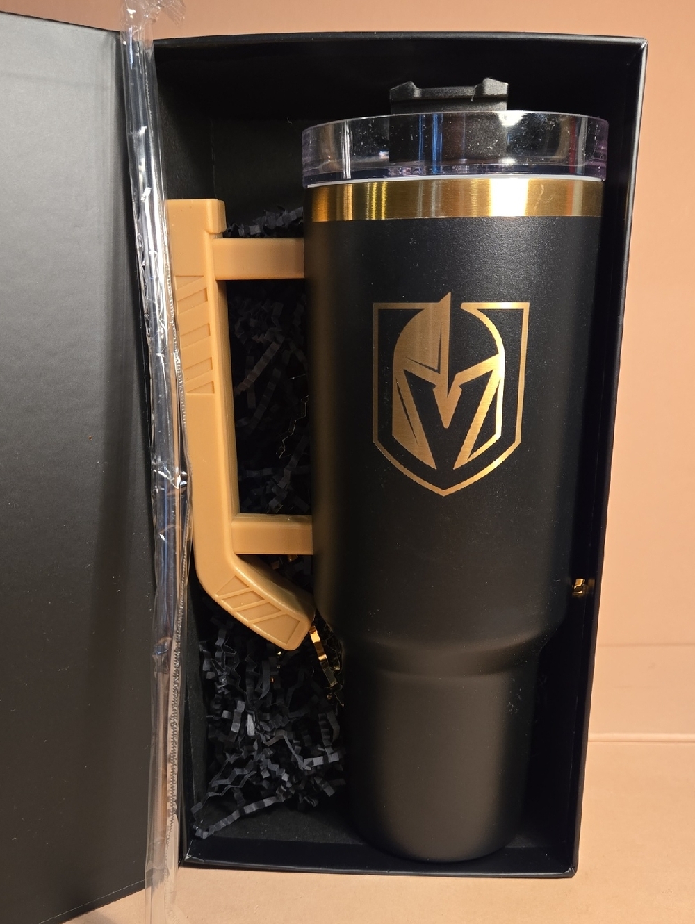 Black and Gold Insulated Travel Tumbler with Handle
